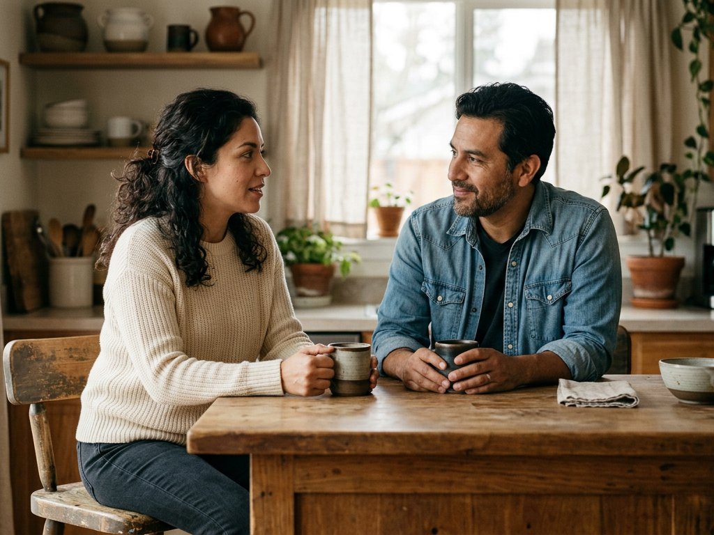 Pareja conversando en cocina con luz natural